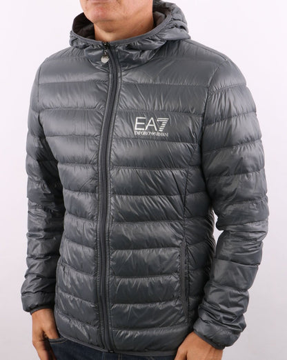 EA7 Core Logo Daunenjacke mit Kapuze Anthrazitgrau