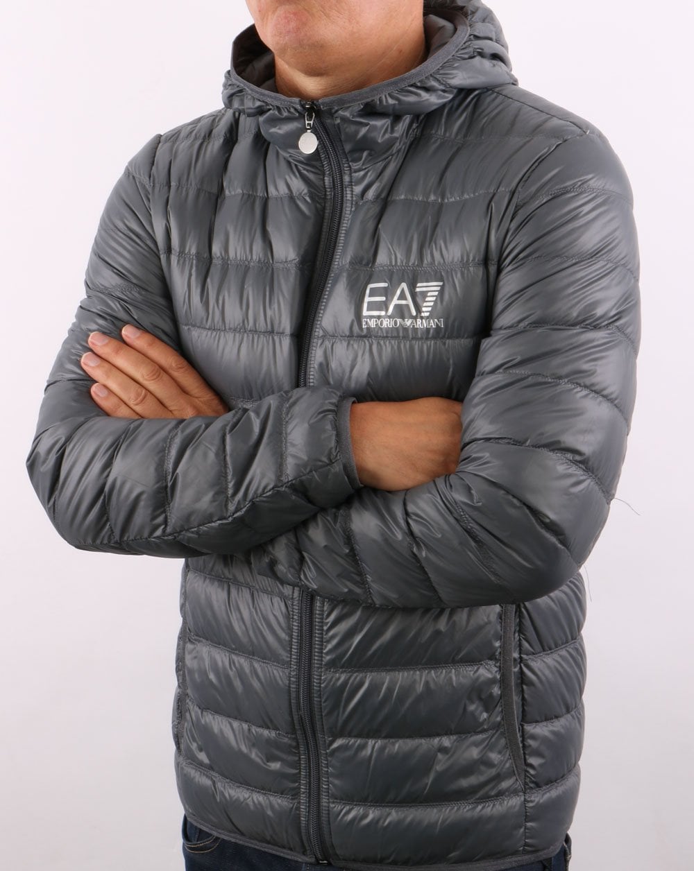 EA7 Core Logo Daunenjacke mit Kapuze Anthrazitgrau