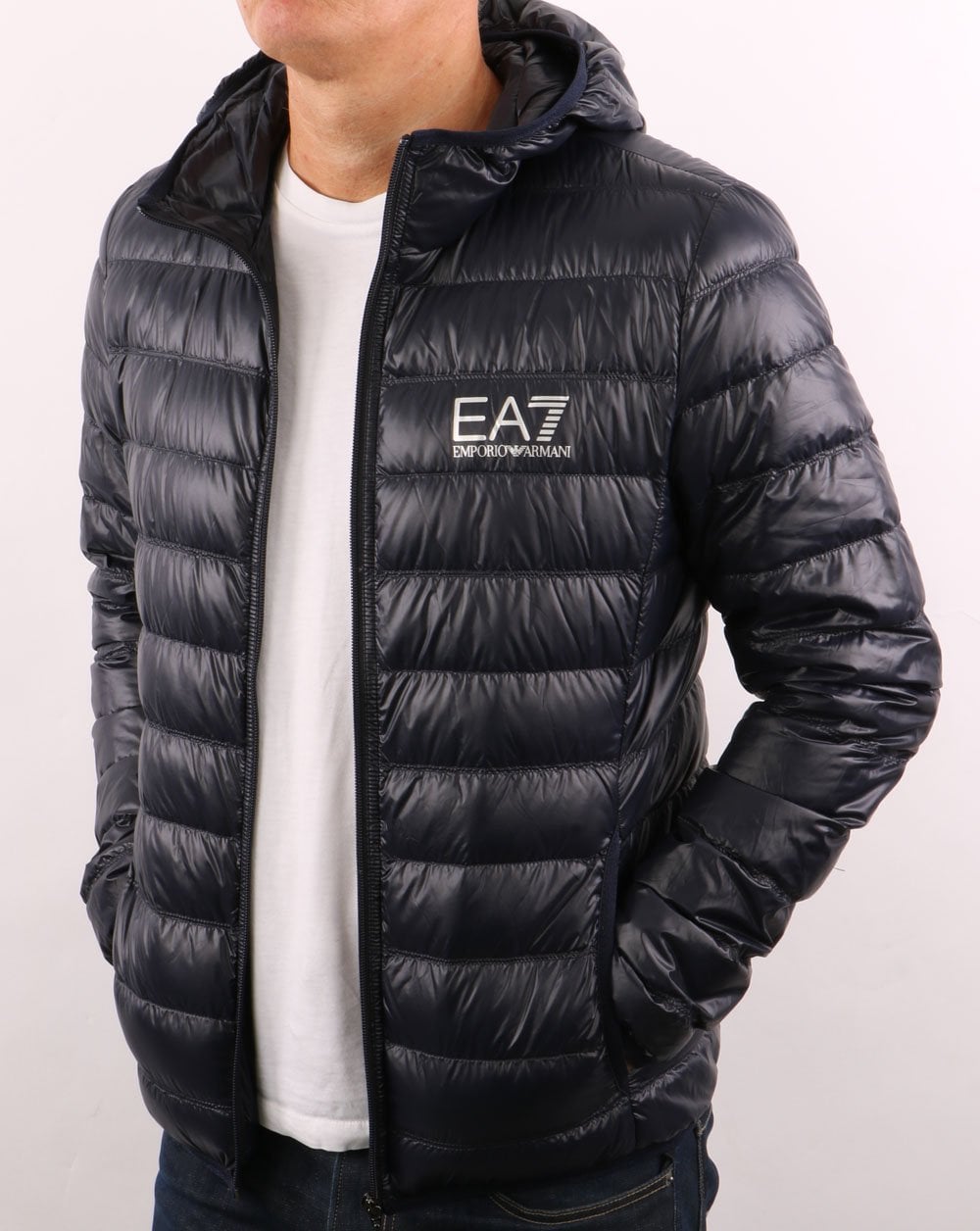 EA7 Core Logo Daunenjacke mit Kapuze, Marineblau