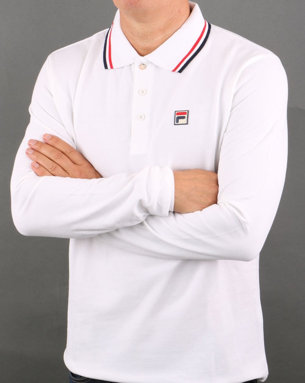 Fila Vintage Tipped LS Poloshirt Weiß/Rot/Marineblau