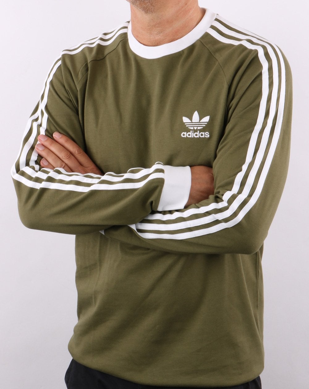 Adidas Originals – Langarm-T-Shirt mit 3 Streifen in Khaki