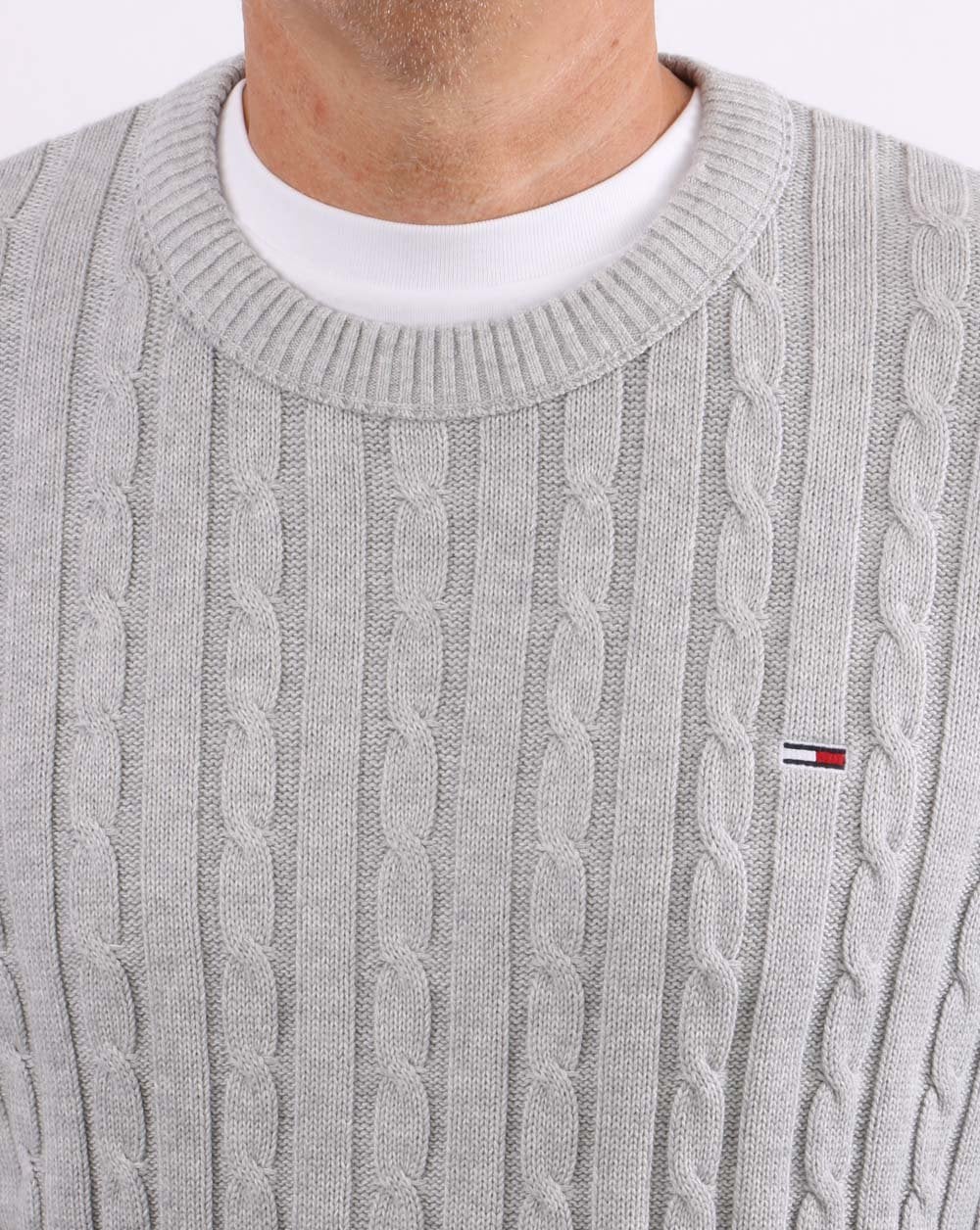 Tommy Jeans – Pullover mit Zopfmuster, Hellgrau meliert