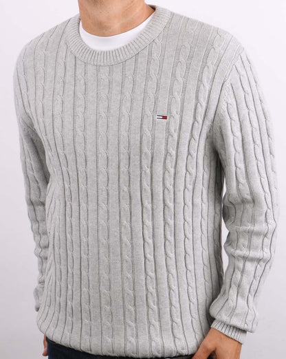 Tommy Jeans – Pullover mit Zopfmuster, Hellgrau meliert