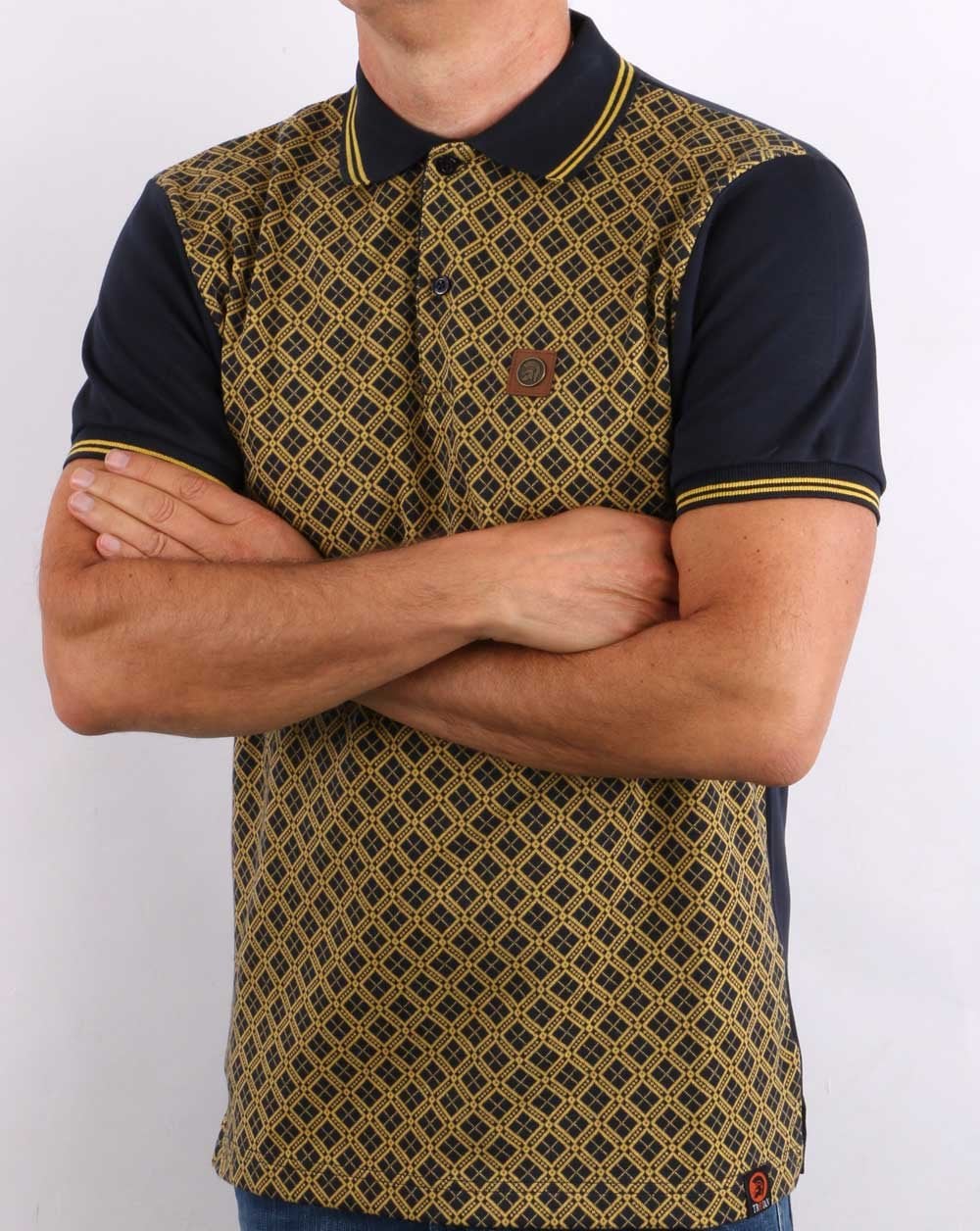 Trojan – Poloshirt mit Argyle-Einsatz in Marineblau
