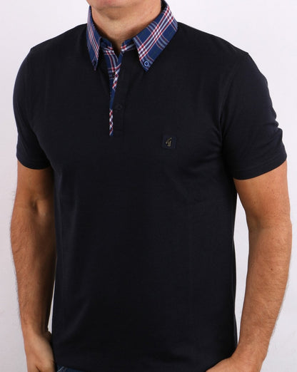 Gabicci Poloshirt mit Vintage Check-Kragen Marineblau/Rot