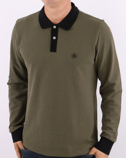 Pretty Green – Langärmliges Poloshirt in Khaki mit Kontrast
