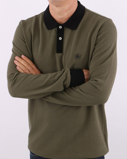 Pretty Green – Langärmliges Poloshirt in Khaki mit Kontrast