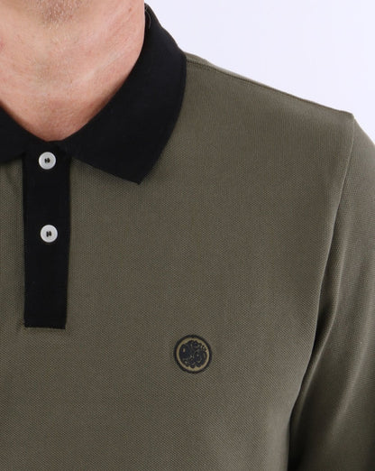 Pretty Green – Langärmliges Poloshirt in Khaki mit Kontrast