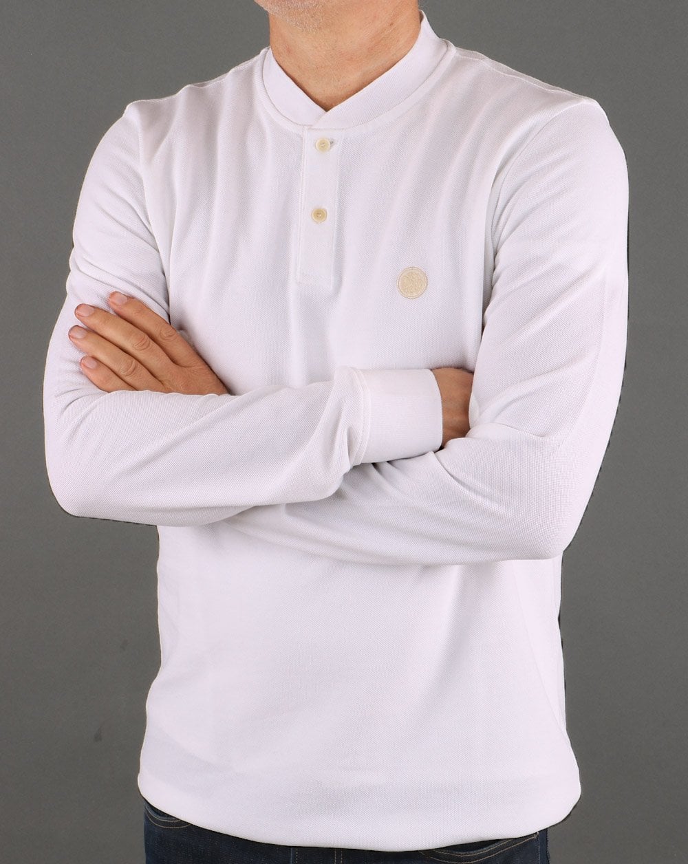 Pretty Green – Langärmliges Bomber-Poloshirt in Weiß
