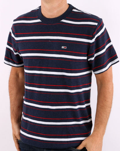 Tommy Jeans – T-Shirt mit Slub-Streifen in Marineblau