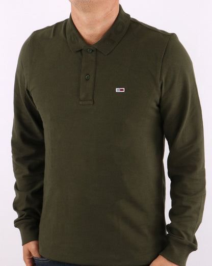 Tommy Jeans – Tonal – Langarm-Poloshirt in Dunkeloliv