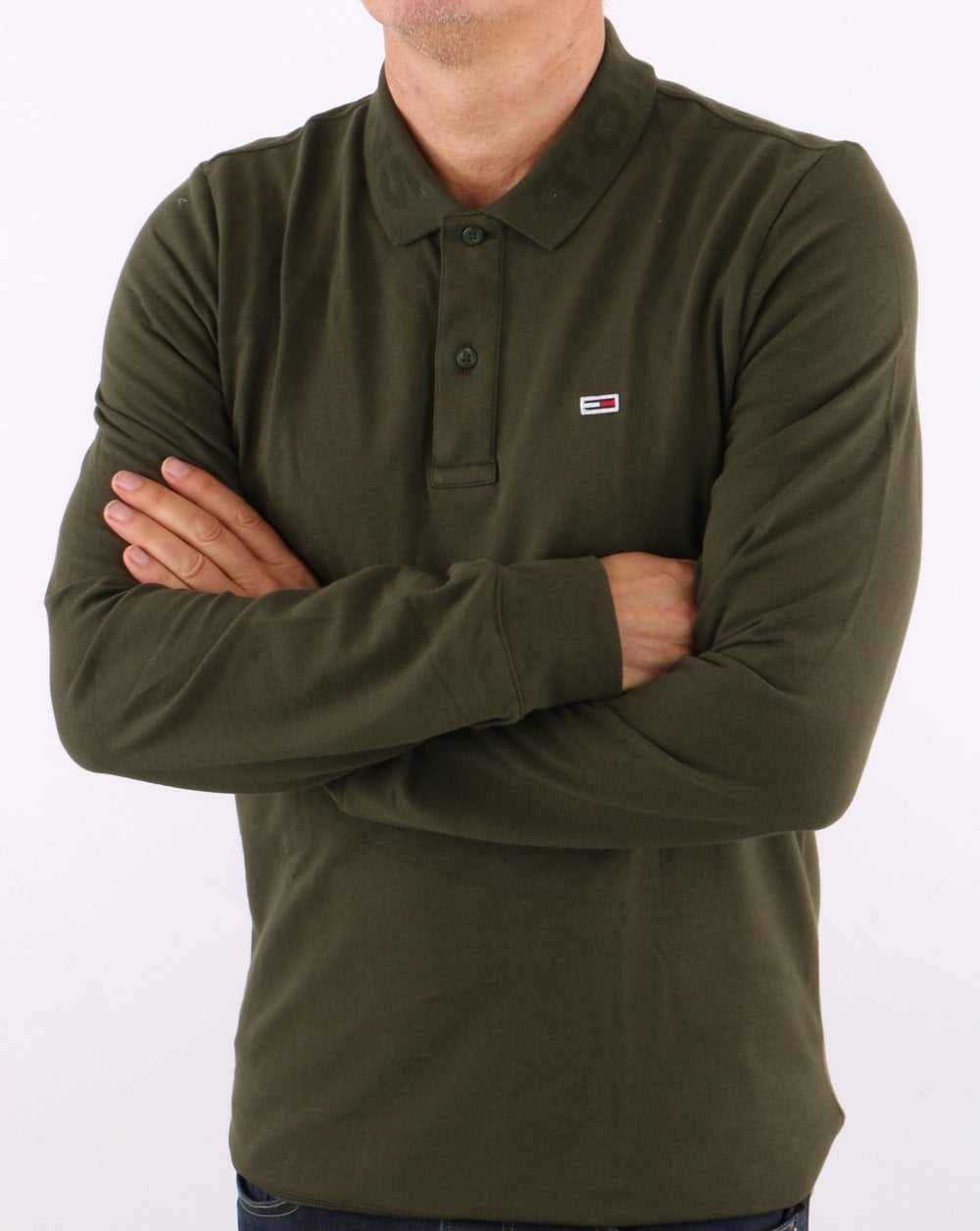 Tommy Jeans – Tonal – Langarm-Poloshirt in Dunkeloliv