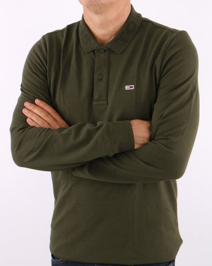 Tommy Jeans – Tonal – Langarm-Poloshirt in Dunkeloliv