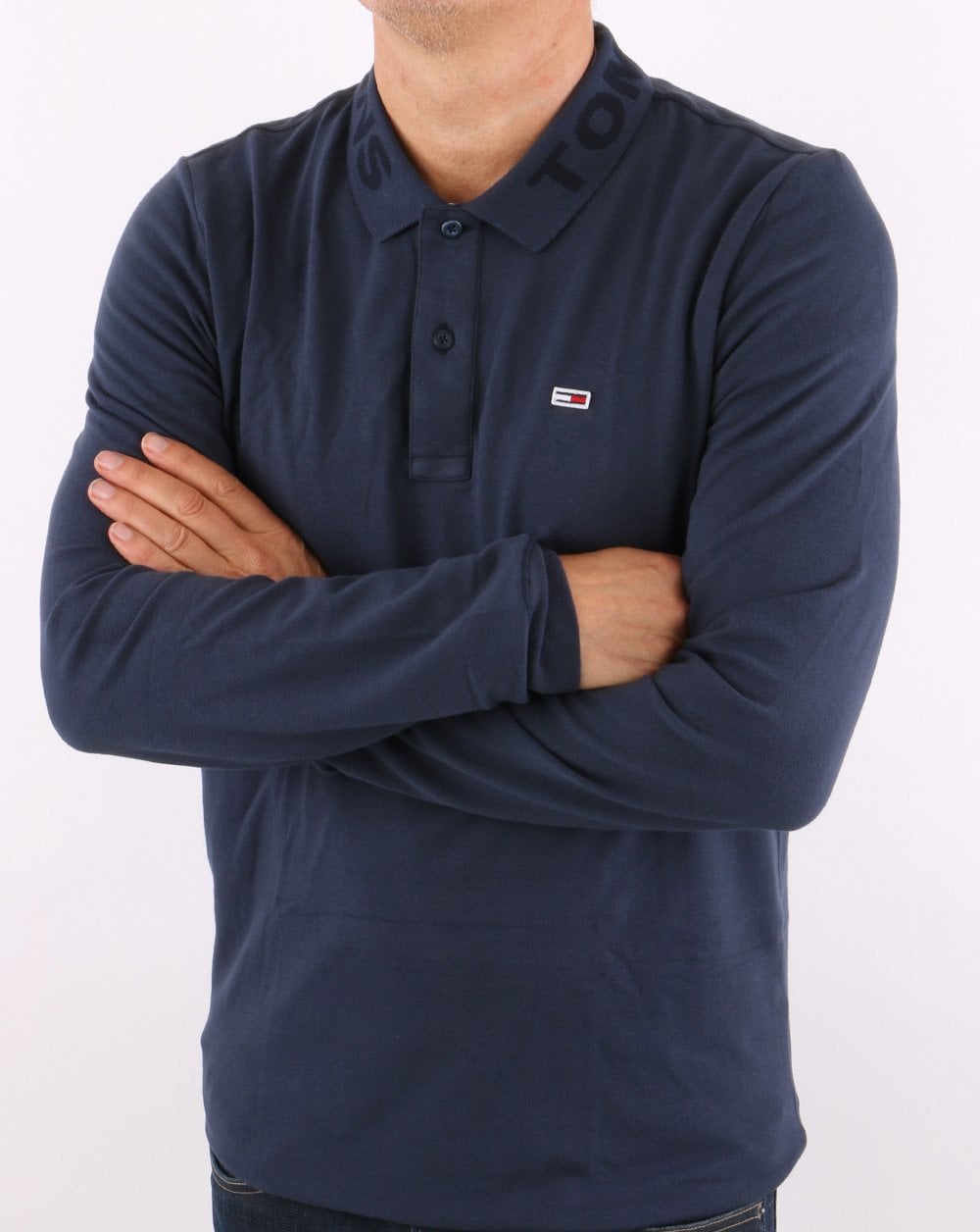 Tommy Jeans – Tonal – Langärmliges Poloshirt in Marineblau