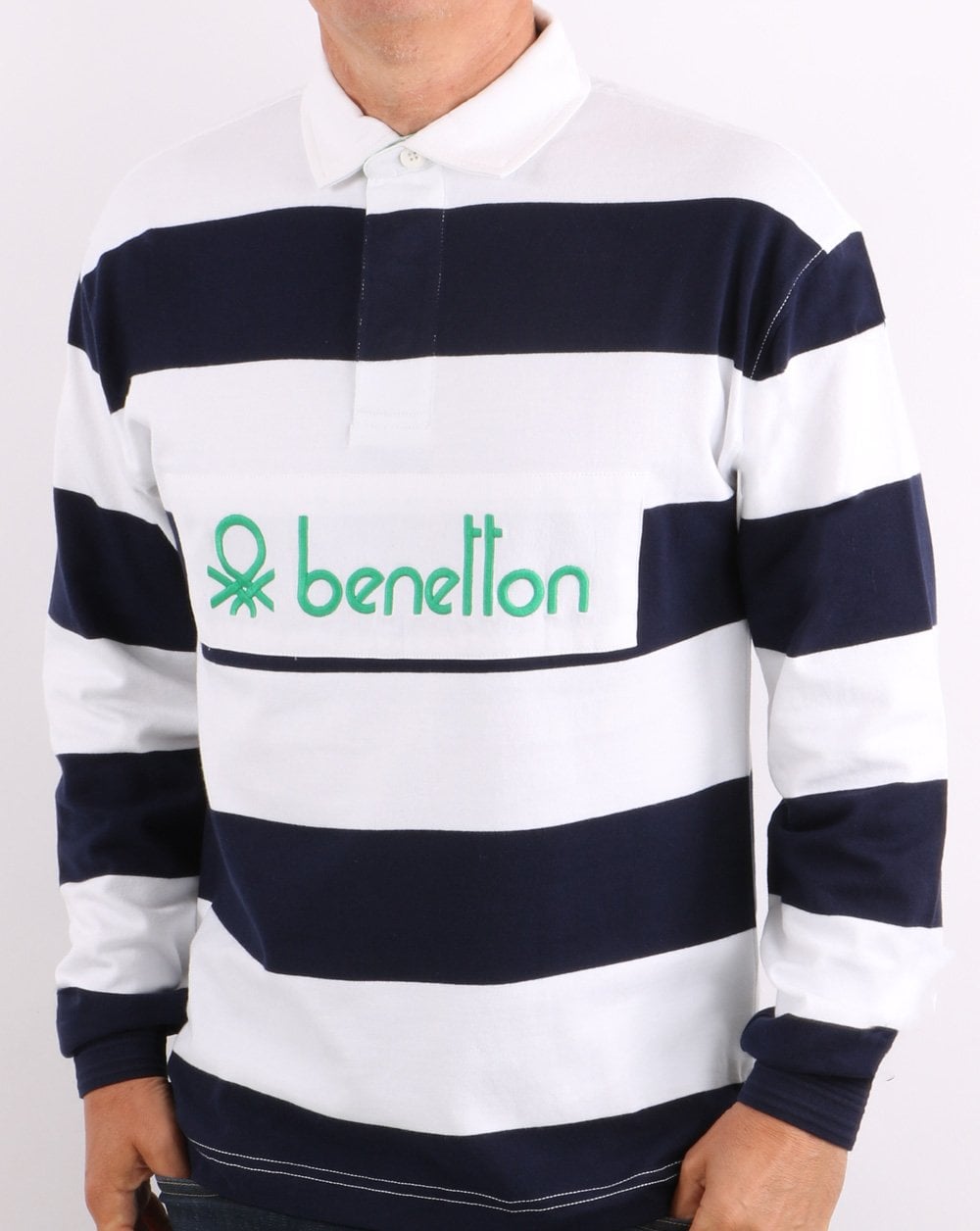 Benetton Gestreiftes Rugby-Shirt Marineblau/Weiß