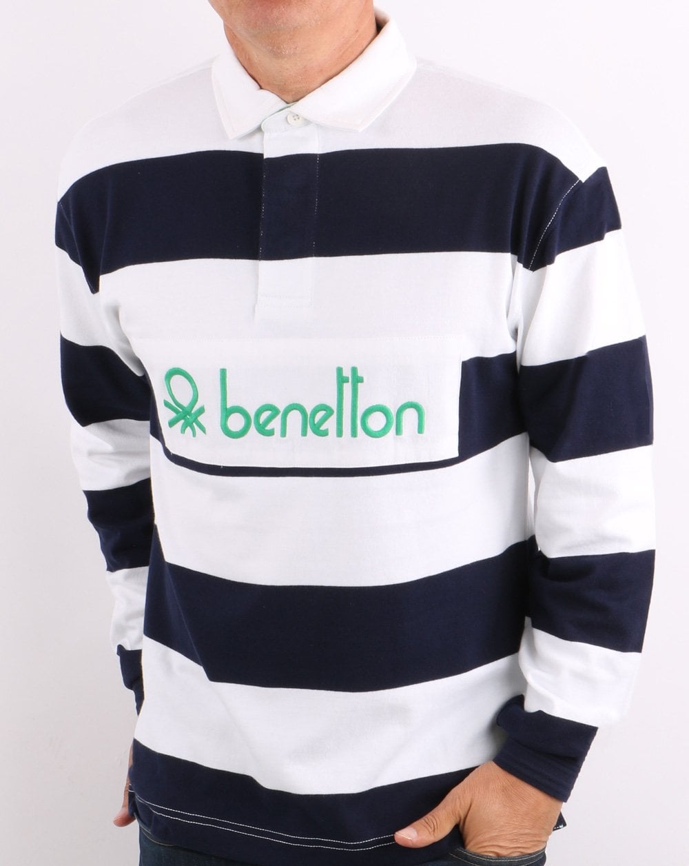 Benetton Gestreiftes Rugby-Shirt Marineblau/Weiß