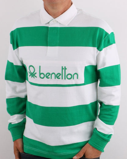 Benetton Gestreiftes Rugby-Shirt Grün/Weiß