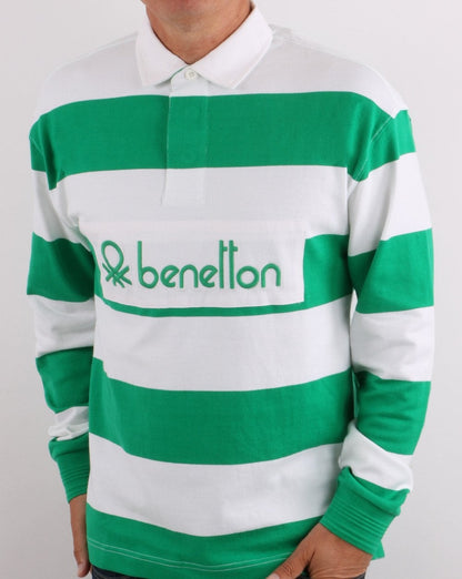 Benetton Gestreiftes Rugby-Shirt Grün/Weiß
