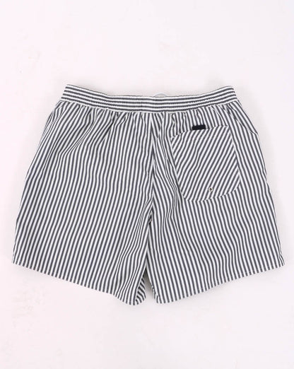 Lacoste – Gestreifte Badeshorts in Marineblau/Weiß