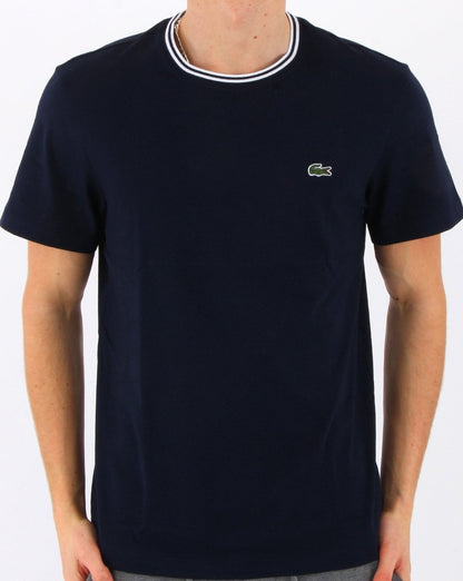 Lacoste – Gestreiftes T-Shirt mit Rundhalsausschnitt in Marineblau