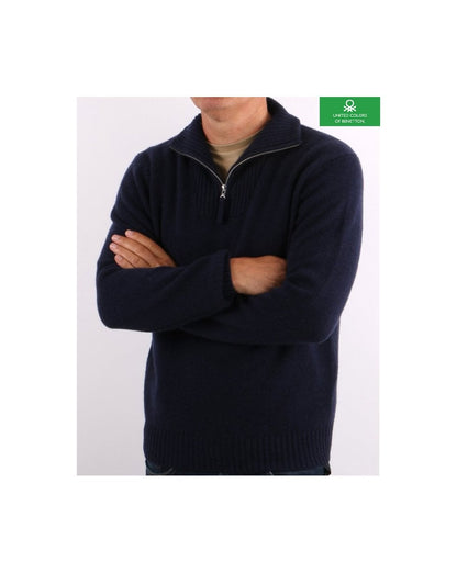 Benetton – Pullover aus Shetlandwolle mit 1/2-Reißverschluss in Marineblau