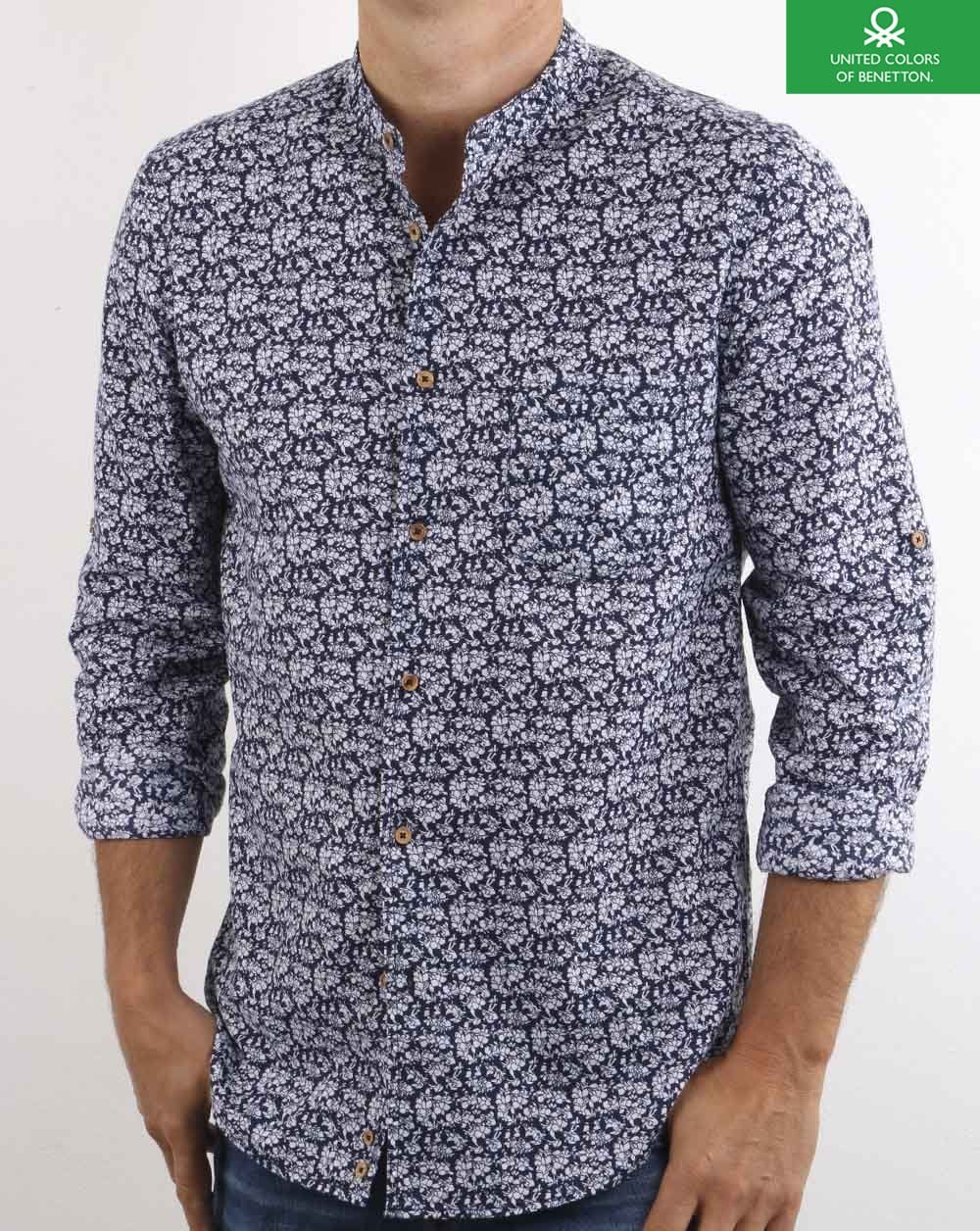 Benetton Hemd mit Grandad-Kragen und Blumenmuster, Marineblau