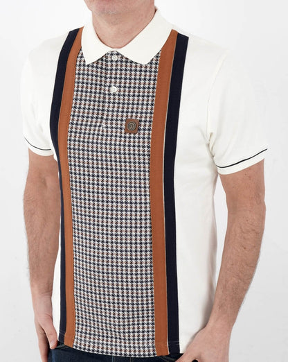 Trojan Poloshirt mit Hahnentrittmuster und Einsätzen Creme/Braun/Marineblau