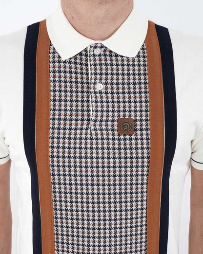 Trojan Poloshirt mit Hahnentrittmuster und Einsätzen Creme/Braun/Marineblau
