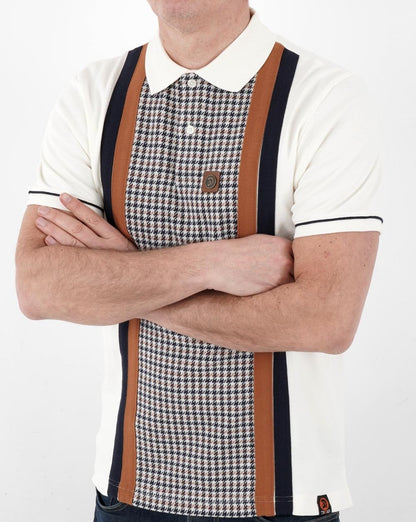 Trojan Poloshirt mit Hahnentrittmuster und Einsätzen Creme/Braun/Marineblau
