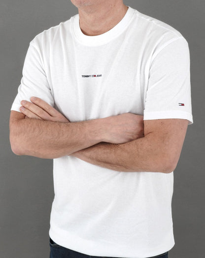 Tommy Jeans – Weißes T-Shirt mit kleinem linearen Logo