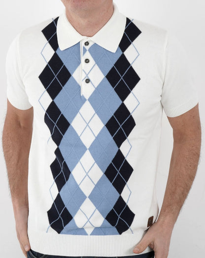 Trojan Argyle Feinstrick-Polo Weiß-Himmelblau