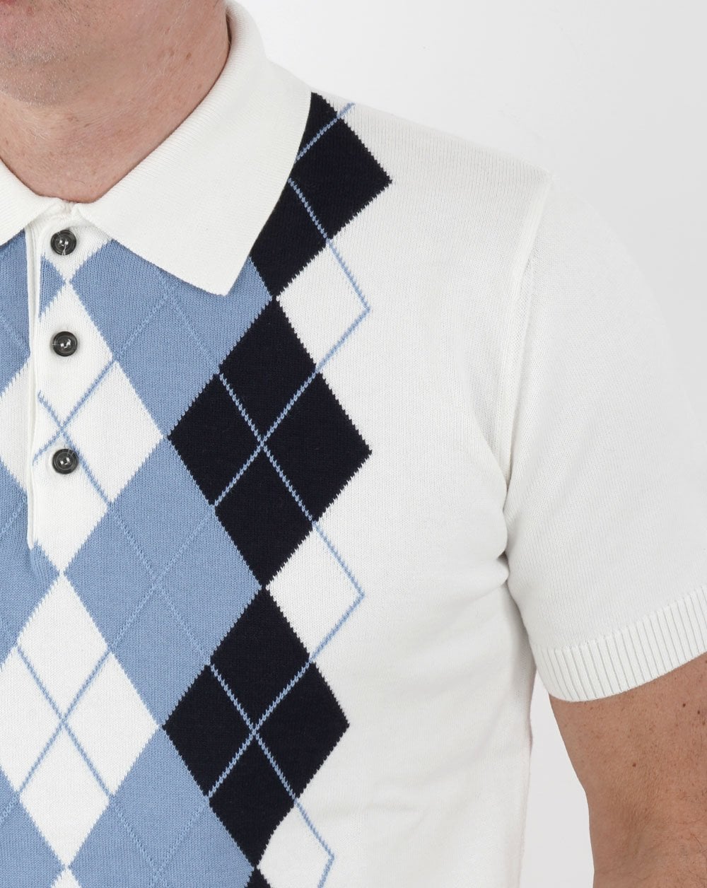 Trojan Argyle Feinstrick-Polo Weiß-Himmelblau