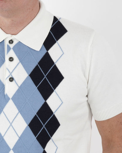 Trojan Argyle Feinstrick-Polo Weiß-Himmelblau