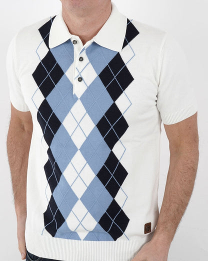 Trojan Argyle Feinstrick-Polo Weiß-Himmelblau
