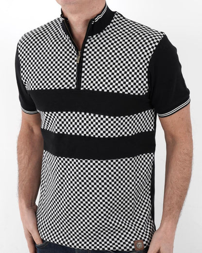 Trojan Poloshirt mit Schachbrettmuster und Reißverschluss in Schwarz