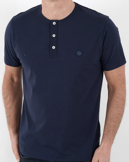 Pretty Green – Popeline-T-Shirt mit Grandad-Print in Marineblau