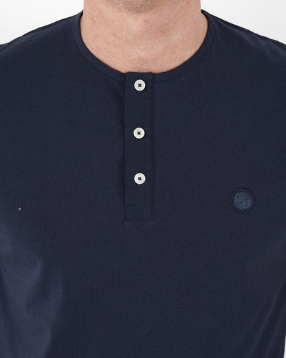 Pretty Green – Popeline-T-Shirt mit Grandad-Print in Marineblau