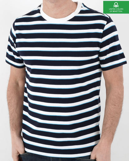 Benetton – Gestreiftes T-Shirt mit Rundhalsausschnitt in Marineblau
