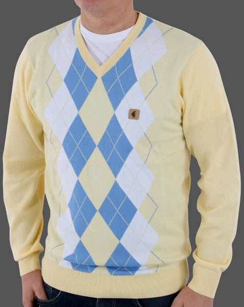Gabicci Vintage Diamond Argyle V-neck Knit Lemon