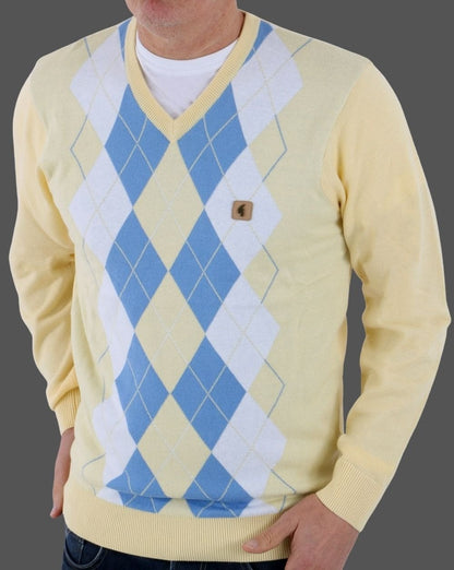 Gabicci Vintage Diamond Argyle V-Ausschnitt Strick Zitrone