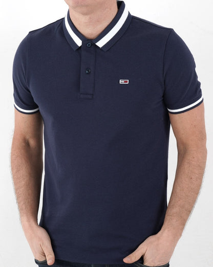 Tommy Jeans – Stretch-Poloshirt mit Streifen in Marineblau