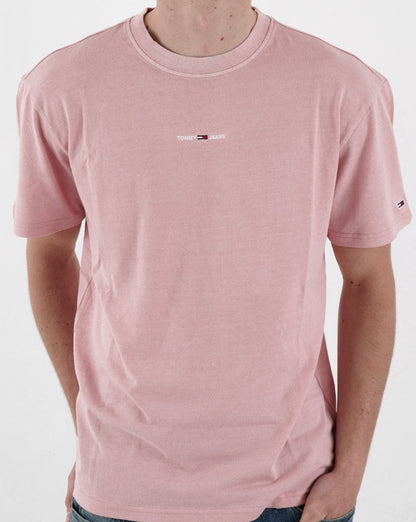 Tommy Jeans – T-Shirt mit kleinem linearen Logo in Rosa