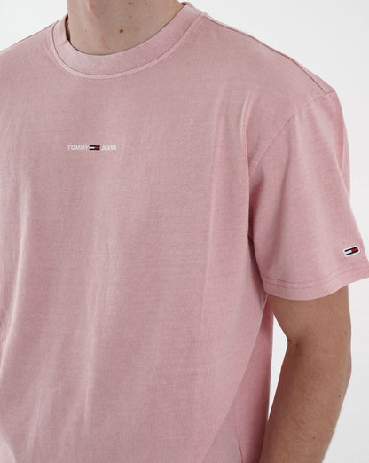 Tommy Jeans – T-Shirt mit kleinem linearen Logo in Rosa