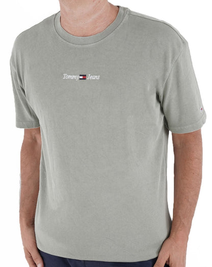 Tommy Jeans – Lässiges T-Shirt mit linearem Logo in verwaschenem Grün