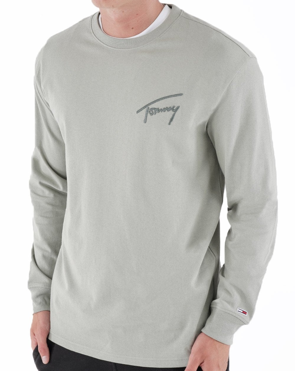 Tommy Jeans – Langarm-T-Shirt mit Signatur-Logo in verblasstem Grün
