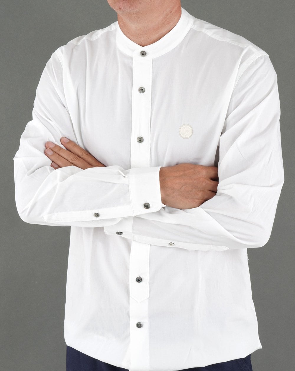 Pretty Green Baumwollhemd ohne Kragen Weiß