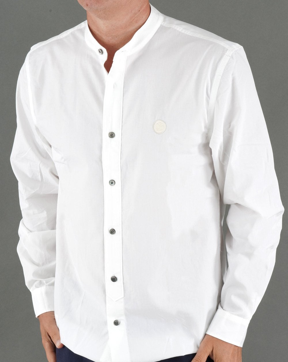 Pretty Green Baumwollhemd ohne Kragen Weiß