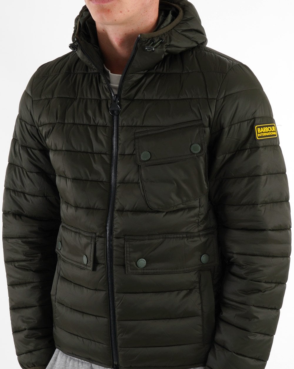 Barbour International Racer Ouston Steppjacke mit Kapuze, Salbeigrün
