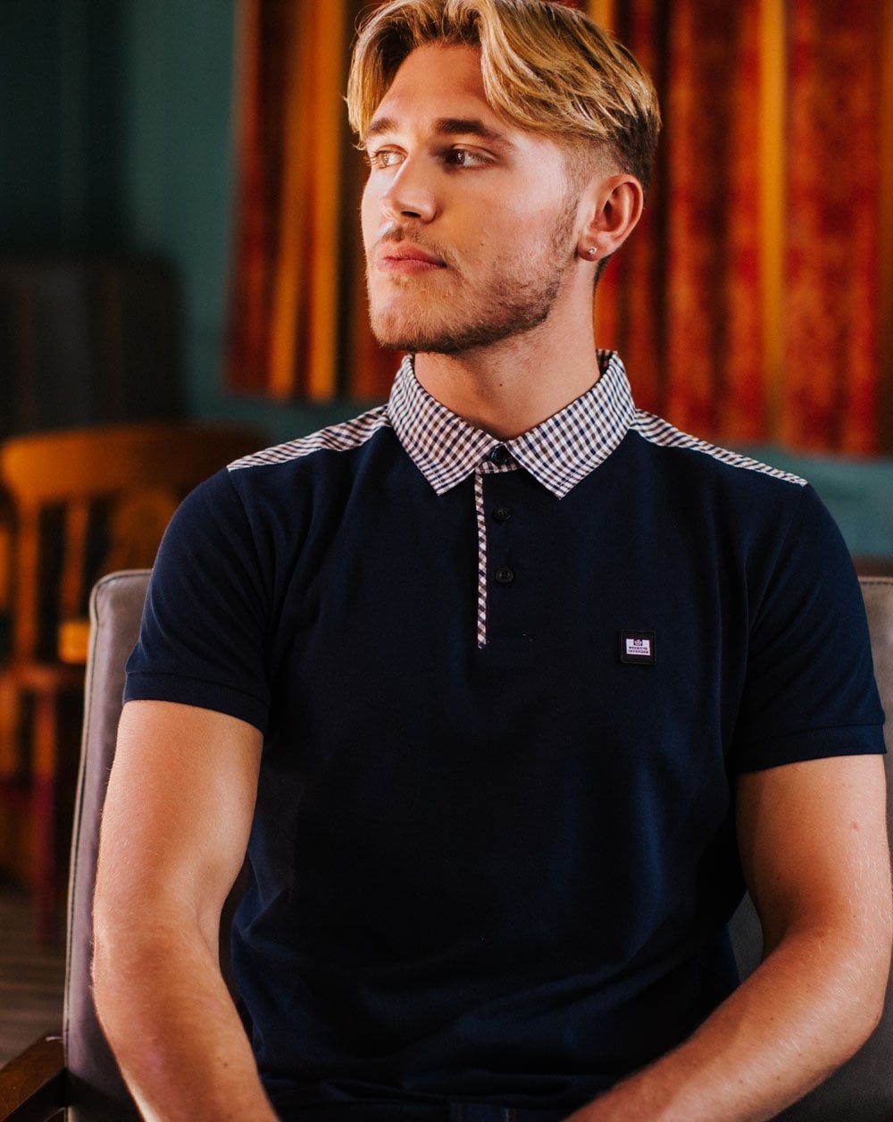 Weekend Offender Check Collar Polo Shirt Navy