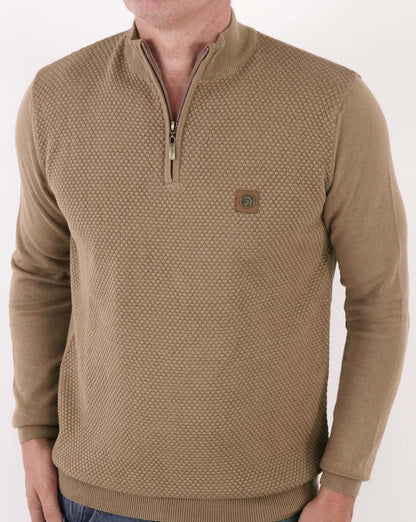 Trojan Strukturierter Strickpullover mit Trichterkragen und Reißverschluss in Kamel